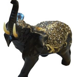 Large Black & Gold Elephant Figurine, Trunk Up, Tusks, Embellished